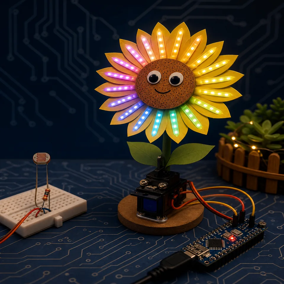 ทานตะวัน Arduino ที่ใช้ LDR และ servo หันตามแสงพร้อม LED