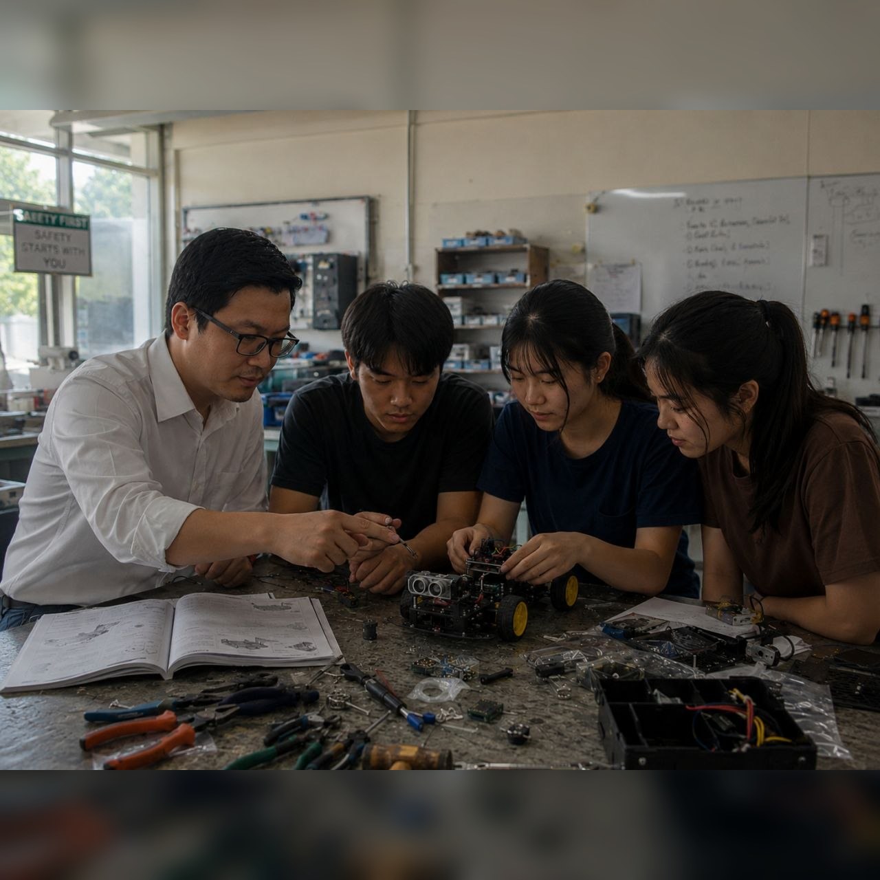 ทีมเวิร์กช็อปกำลังประกอบรถหุ่นยนต์ Arduino พร้อมวงจรและเซ็นเซอร์