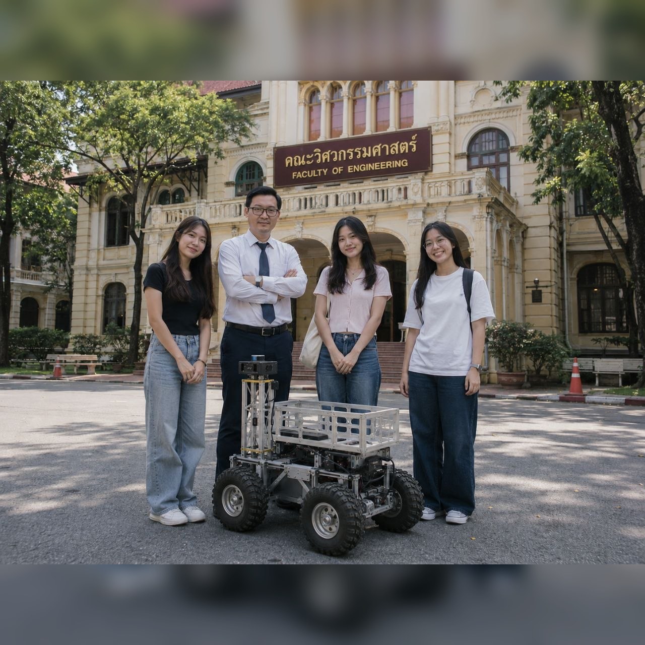 ทีมวิศวกรรมกับรถโรเวอร์หุ่นยนต์หน้า Faculty of Engineering