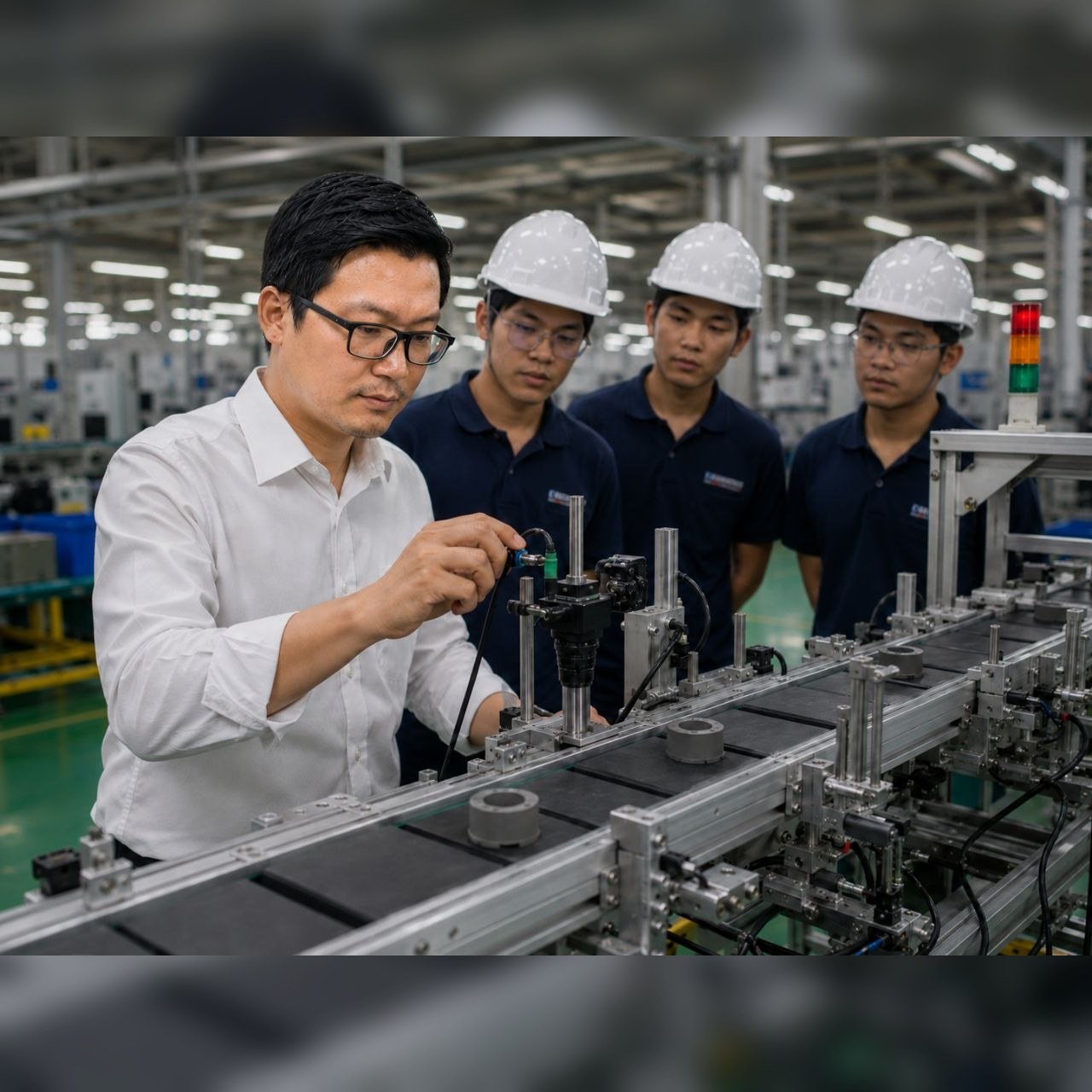 ทีมช่างตรวจเครื่องจักรสายพานและระบบ automation ในโรงงาน