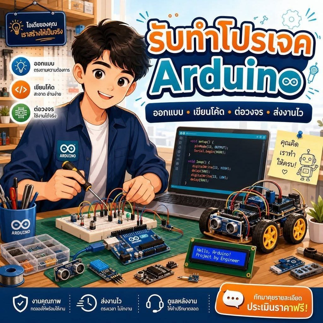 แบนเนอร์บริการรับทำโปรเจค Arduino ออกแบบ เขียนโค้ด ต่อวงจร ส่งงานไว