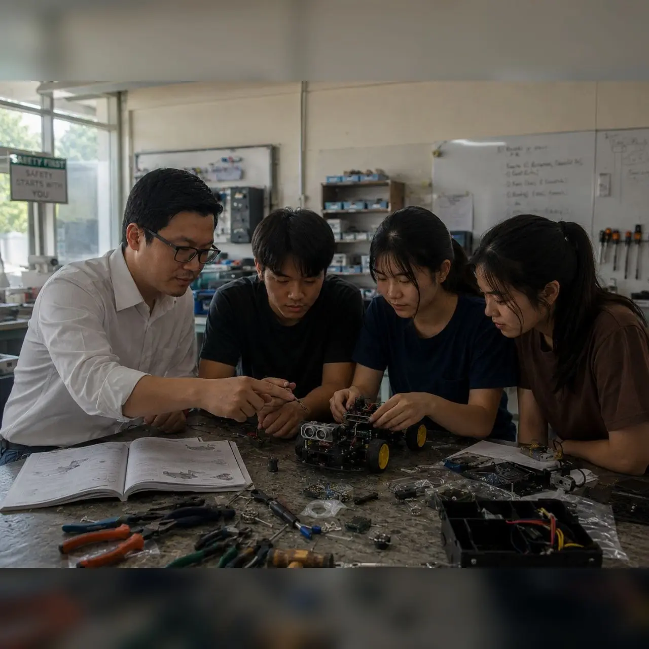ทีมเวิร์กช็อปกำลังประกอบรถหุ่นยนต์ Arduino พร้อมวงจรและเซ็นเซอร์